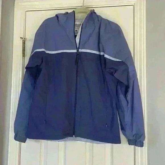 Vintage hooded Columbia women's rain jacket in color block blues - Picture 1 of 9